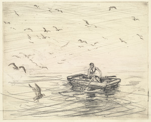 Gulls with girl in boat