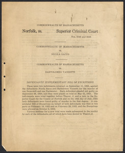 Sacco-Vanzetti Case Records, 1920-1928. Defense Papers. Defendants' Supplementary Bill of Exceptions, n.d. Box 17, Folder 7, Harvard Law School Library, Historical & Special Collections