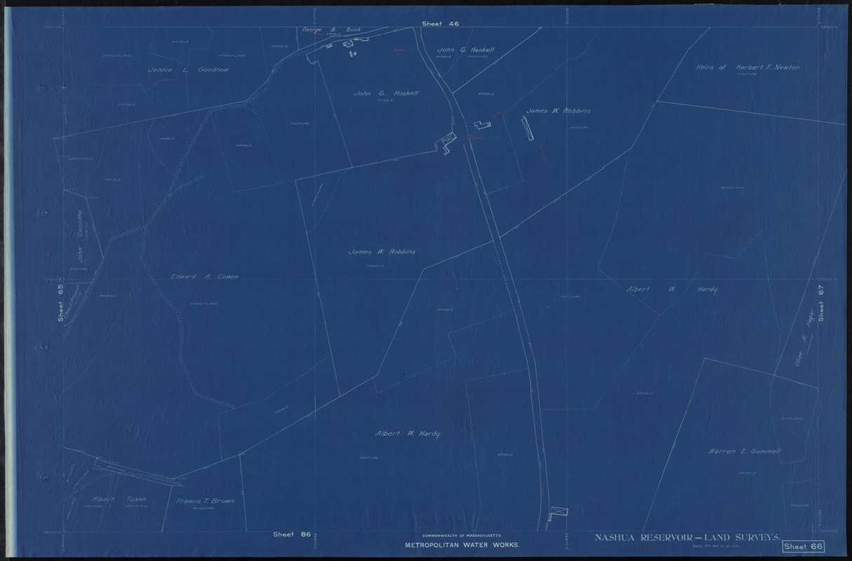Metropolitan Water Works, Wachusett Reservoir, land surveys, sheet 66, index plan to photographs of real estate, West Boylston, Mass., September 1897