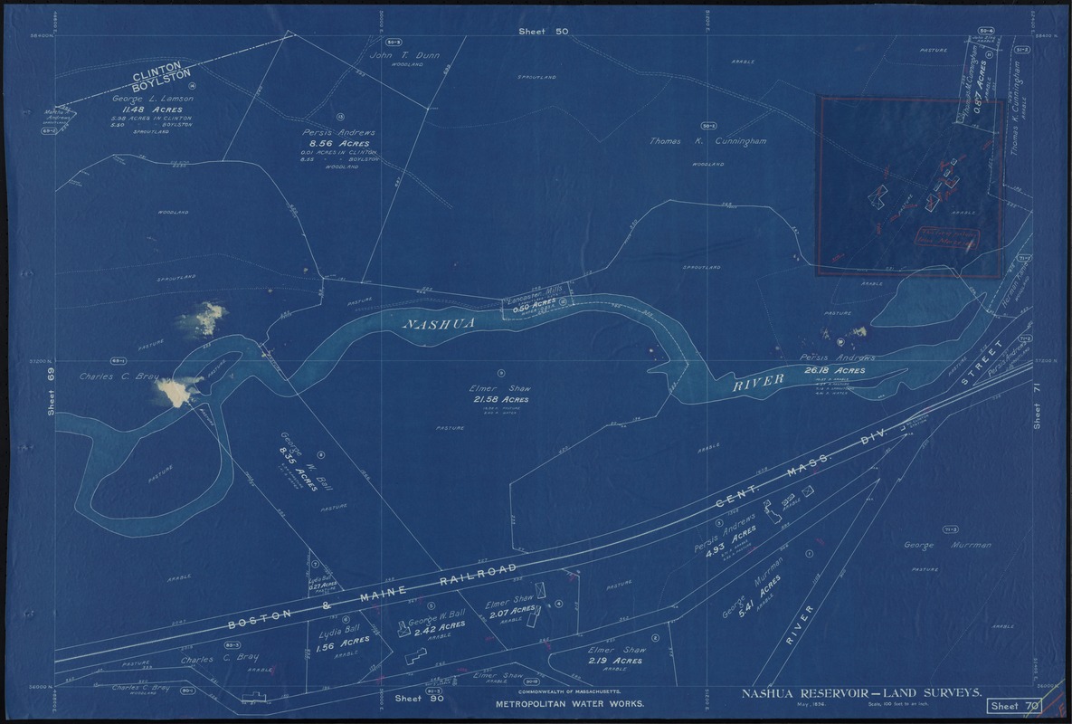 Metropolitan Water Works, Wachusett Reservoir, land surveys, sheet 70