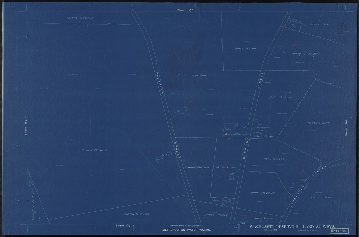 Metropolitan Water Works, Wachusett Reservoir, land surveys, sheet 85, index plan to photographs of real estate, West Boylston, Mass., February 1898