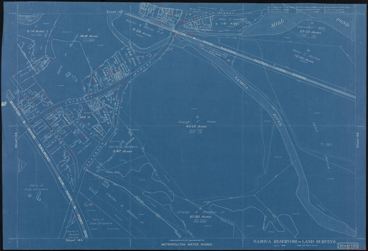 Metropolitan Water Works, Wachusett Reservoir, land surveys, sheet 125, index plan to photographs of real estate, West Boylston, Mass., April 1896