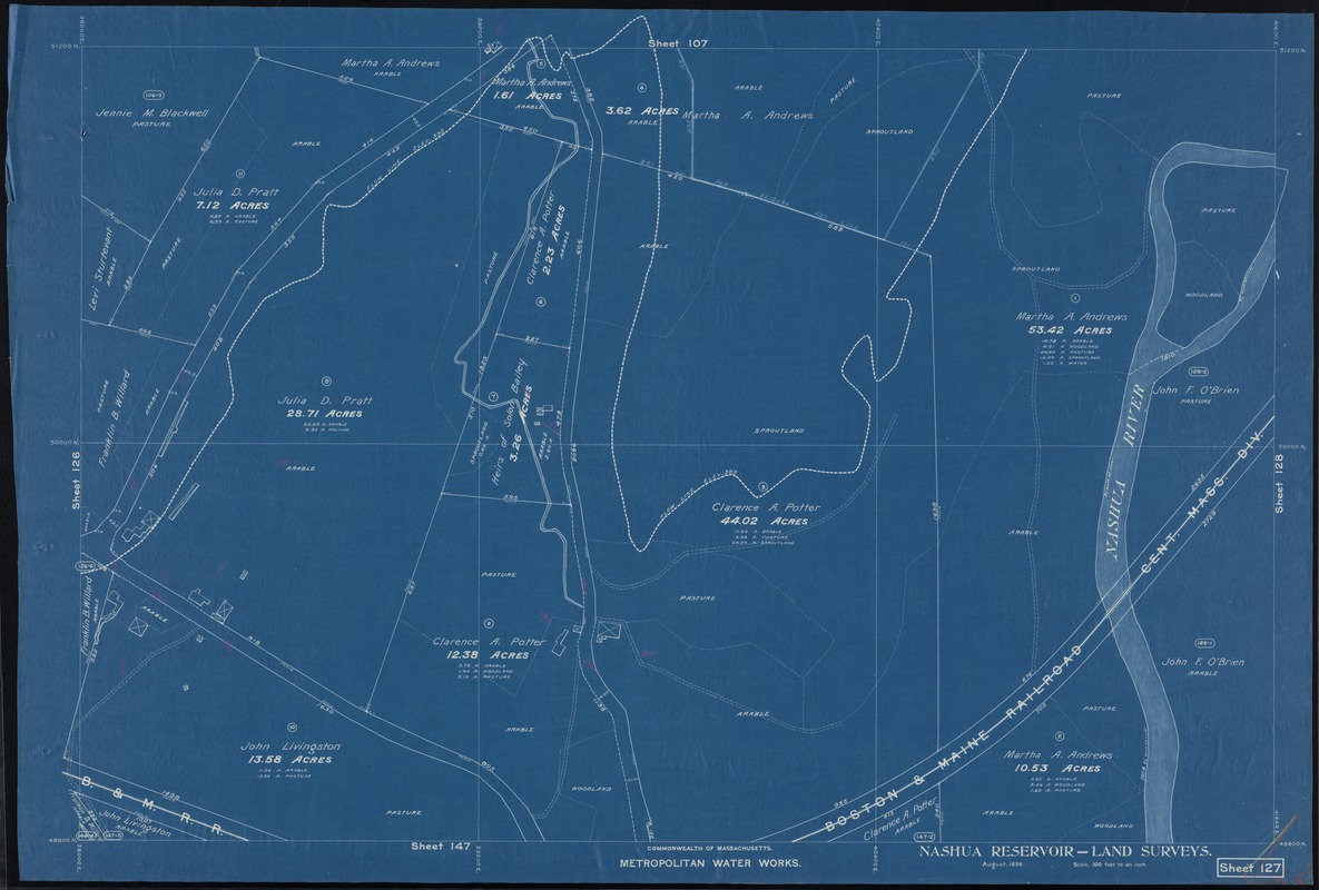 Metropolitan Water Works, Wachusett Reservoir, land surveys, sheet 127, index plan to photographs of real estate, Boylston, Mass., August 1896