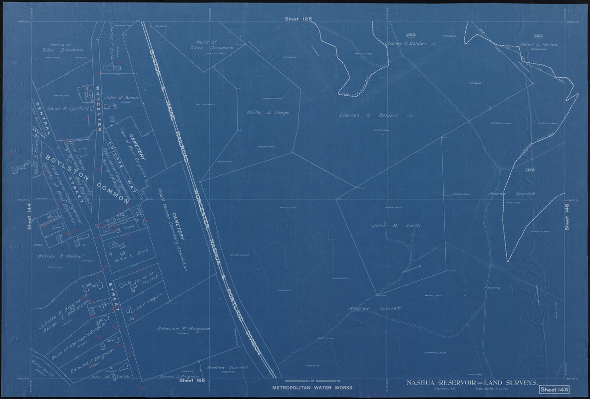 Metropolitan Water Works, Wachusett Reservoir, land surveys, sheet 145, index plan to photographs of real estate, West Boylston, Mass., September 1897