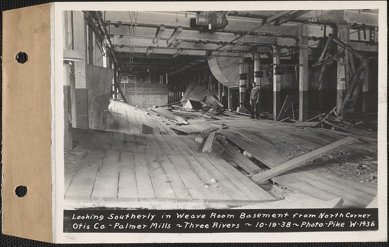 Otis Co., Palmer Mills, looking southerly in weave room, basement, from north Corner, Three Rivers, Palmer, Mass., Oct. 19, 1938