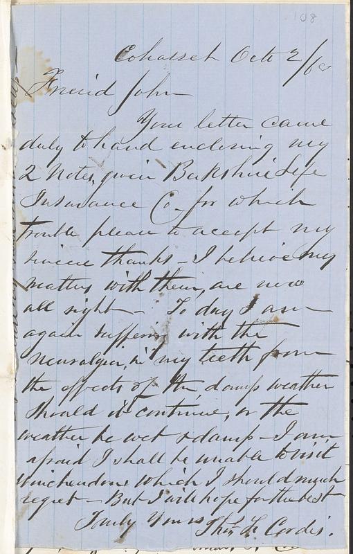 Letter from Thomas F. Cordis to John D. Long, October 2, 1868