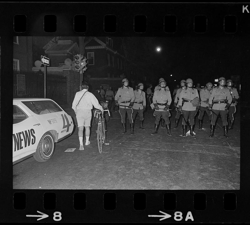 Harvard Square anti-war riot: State troopers line up on Massachusetts Ave., Cambridge