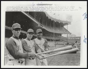 Led by third baseman Max Alvis (L), who's leading the league with a .412 batting average, the Cleveland Indians have taken over first place in the American League with a 12-1 record. Other batmen are Fred Whitfield (C) and Leon Wagner.
