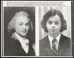 The descendants of President John Adams and Quincy Adams, who are in Washington for the opening of exhibition of Adams portraits at the National Portrait Gallery of Smithsonian Institution, were received by President Nixon in the Blue Room of the White House 11/5. Here, John Quincy Adams (right), a descendant and 20-year-old student at Harvard, bears a resemblance to his namesake, shown in a John Copley portrait (left) at the age of 28.