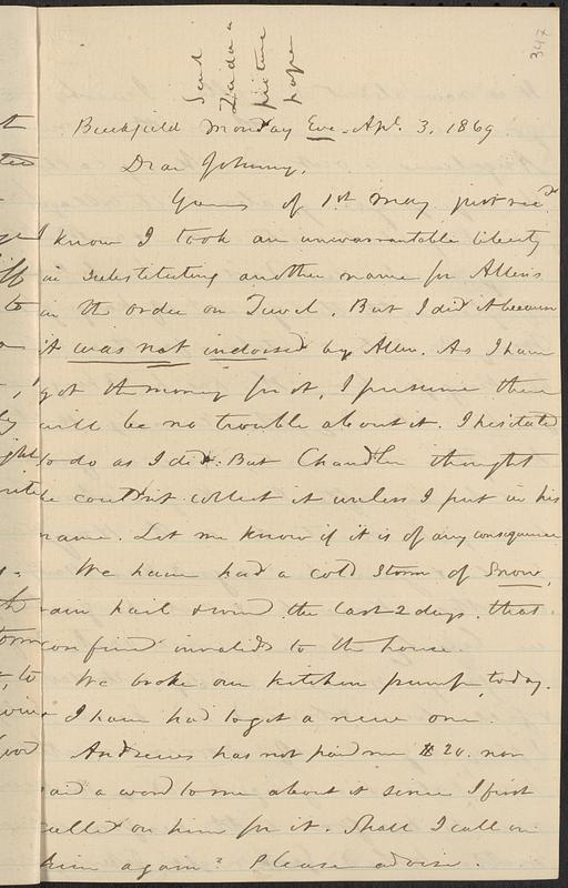 Letter from Zadoc Long to John D. Long, April 3, 1869