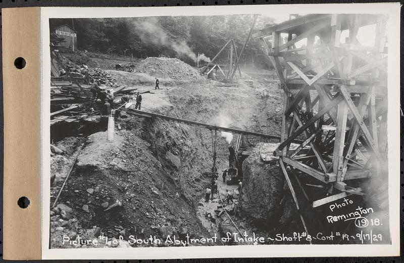 Contract No. 19, Dam and Substructure of Ware River Intake Works at Shaft 8, Wachusett-Coldbrook Tunnel, Barre, photo no. 1 of south abutment of intake, Shaft 8, Barre, Mass., Sep. 17, 1929