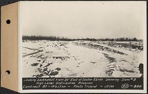 Contract No. 80, High Level Distribution Reservoir, Weston, looking southwest from 30 feet east of Sta. 52+50 showing dam 3, high level distribution reservoir, Weston, Mass., Jan. 5, 1940