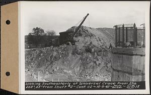 Contract No. 112, Spillway at Shaft 2 of Quabbin Aqueduct, Holden, looking southeasterly at universal crane from Sta. 260 degrees, 65 feet from Shaft 2, Holden, Mass., Oct. 9, 1940