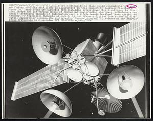 How a satellite in space could communicate by laser with other orbiting satellites is illustrated in this concept by Lockheed Missiles & Space Co. Laser beams are directed from dish-like arrays, lower L & R, and upper L. Other dish arrays are fore various modes of communication, including microwave radio. Lasers can handle tremendous amounts of information over a single beam. A Lockheed laser system can transmit 70 television channels at once. Or it can transmit digital data at one billion bits (1 gigabit) per second--the equivalent of transmitting all 23 volumes of the Encyclopedia Britannica in 2 seconds.