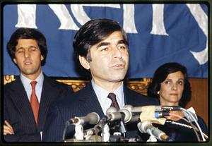 Boston: 1982 - Mike Dukakis at news conference after election as Gov.