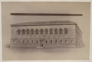 Architect's rendering of the McKim Building with measuring stick for scale