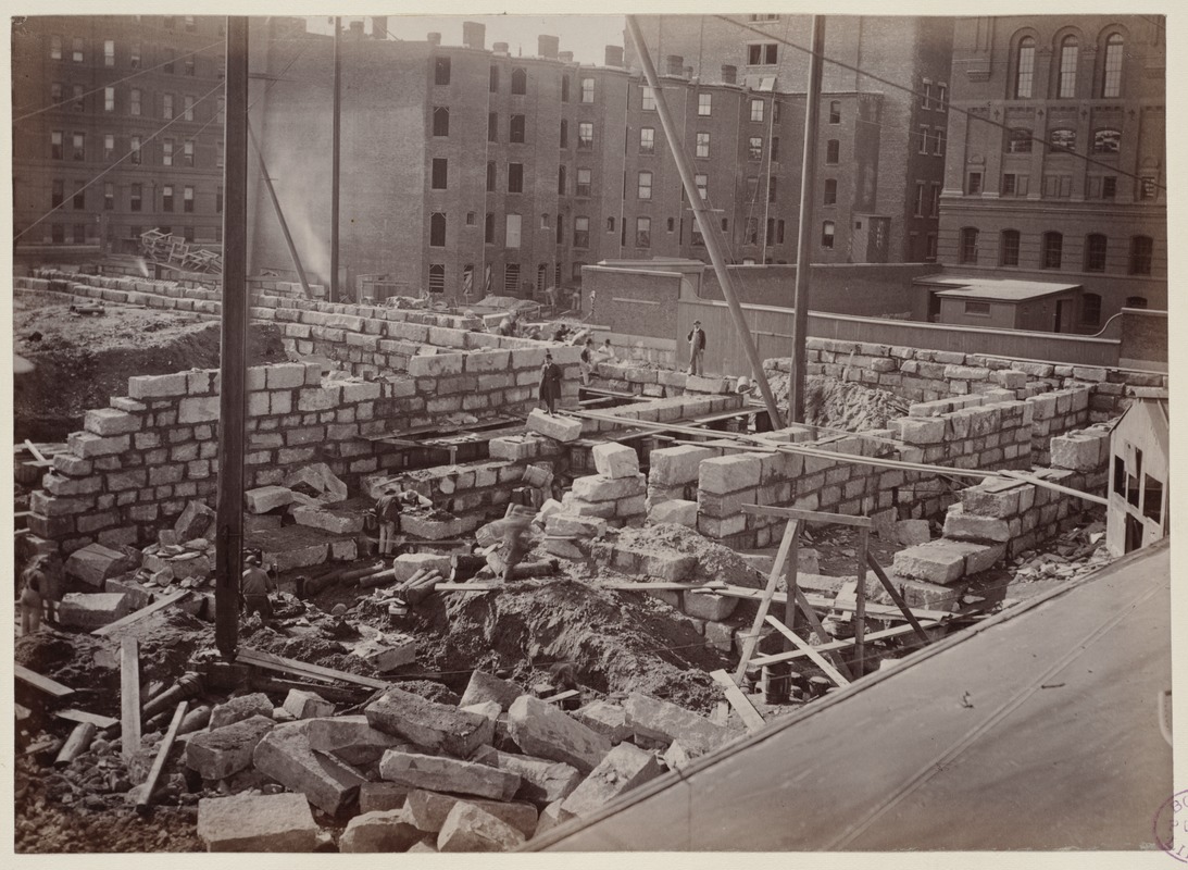 Laying the foundation along Boylston Street, construction of the McKim Building