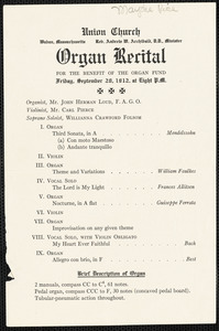 Announcement of organ recital at Union Church September 20, 1912
