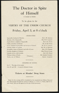 Announcement of a performance of Moliere’s play “The doctor in spite of himself” to be given in vestry of the Union Church on Friday April 3, 1914