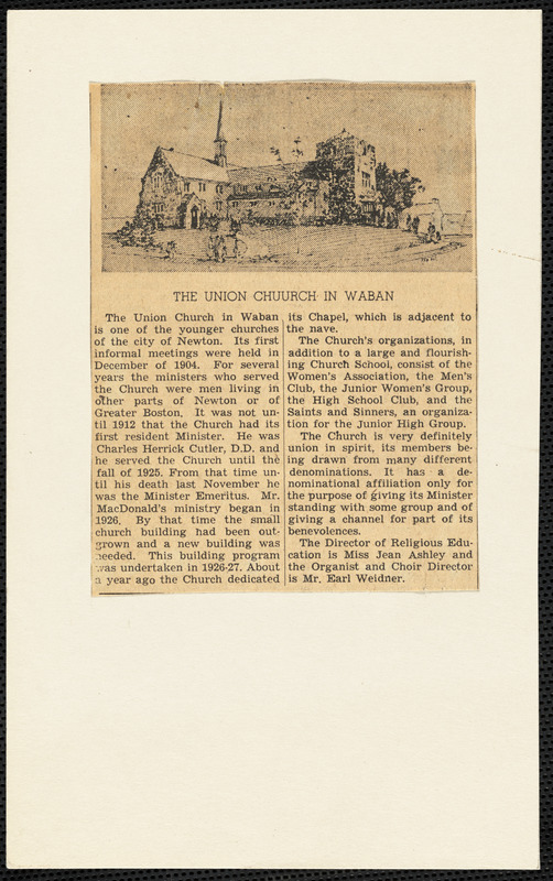 Brief history of the Union Church in Waban with sketch of building