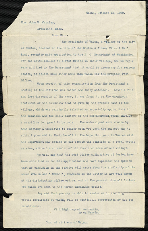 Letter from Committee of Citizens of Waban to Hon. John W. Candler