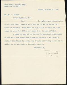 Letter from supt. of mails to Mr. Wm. C. Strong, Newton Highlands, Mass., regarding name of Waban post office