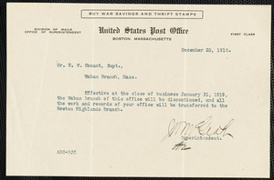Notice of closure of Waban branch post office to be effective January 31, 1919