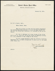 Letter dated January 30, 1919 from superintendent of mails United States Post Office to Mr. E. W. Conant supt. Waban branch informing him that the branch will remain open