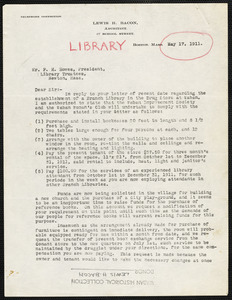 Letter by Lewis H. Bacon to Mr. F. H. Howes, president, Library Trustees, Newton, Mass. regarding the establishment of a branch library in the drug store at Waban
