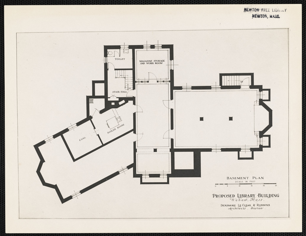 Basement plan, proposed library building, Waban, Mass.