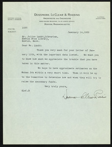 Letter dated January 14, 1929 to Mr. Lucht from Densmore, LeClear & Robbins thanking him for his input on the Waban Library project