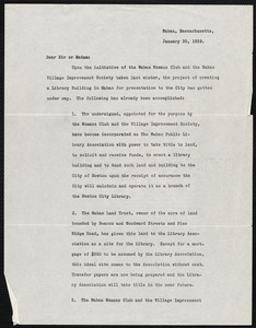 Letter written on January 30, 1929 by the Waban Library Campaign Committee to Dear Sir or Madam asking them to serve on the new libraries Advisory Committee