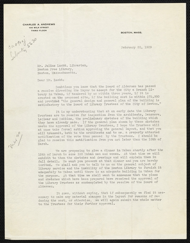 Letter dated February 20, 1929 from Charles A. Andrews to Mr. Julius ...