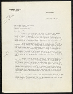Letter dated February 20, 1929 from Charles A. Andrews to Mr. Julius Lucht concerning new library