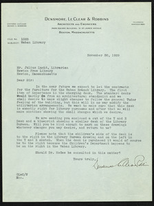 Letter dated November 30, 1929 from Densmore, LeClear & Robbins to Mr. Julius Lucht, librarian concerning Waban Branch furniture