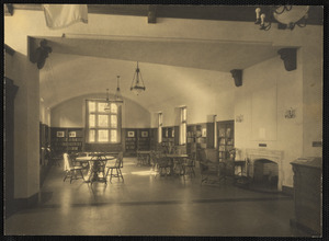Interior of the Waban Branch Library showing children's room and fireplace