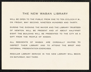 Announcement of the opening of the new Waban Library with a reception scheduled for May 2nd, 1930