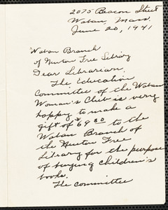 Letter from Ruth C. Ring to Waban Branch Library