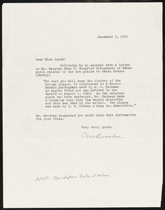 Letter to Miss Lynde from C. Euscher dated December 7, 1957 concerning the history of the new plaque at Waban Branch Library