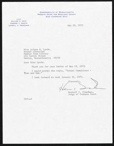 Letter from Judge Haskell Freedman to Arlene M. Lynde concerning the topic of his speech for the Newton centennial program at Waban Library