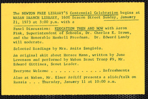 Announcement of Centennial Celebration events to be held at the Waban Branch Library