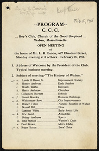 C.C.C. meeting program on the history of Waban, February 15, 1915