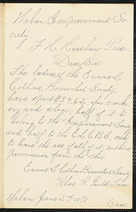 Letter to Waban Improvement Society from Alice A. Gould Treasurer of the Eunice L. Collins Benevolent Society, Waban June 2nd. 1891
