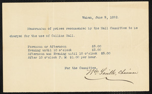 Memorandum of prices recommended by the Hall Committee to be charged for the use of Collins Hall