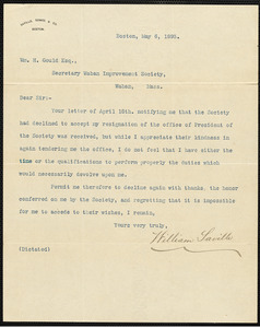Letter dated May 6, 1893 from William Saville to Wm. H. Gould, Esq., secretary Waban Improvement Society declining office of Society president
