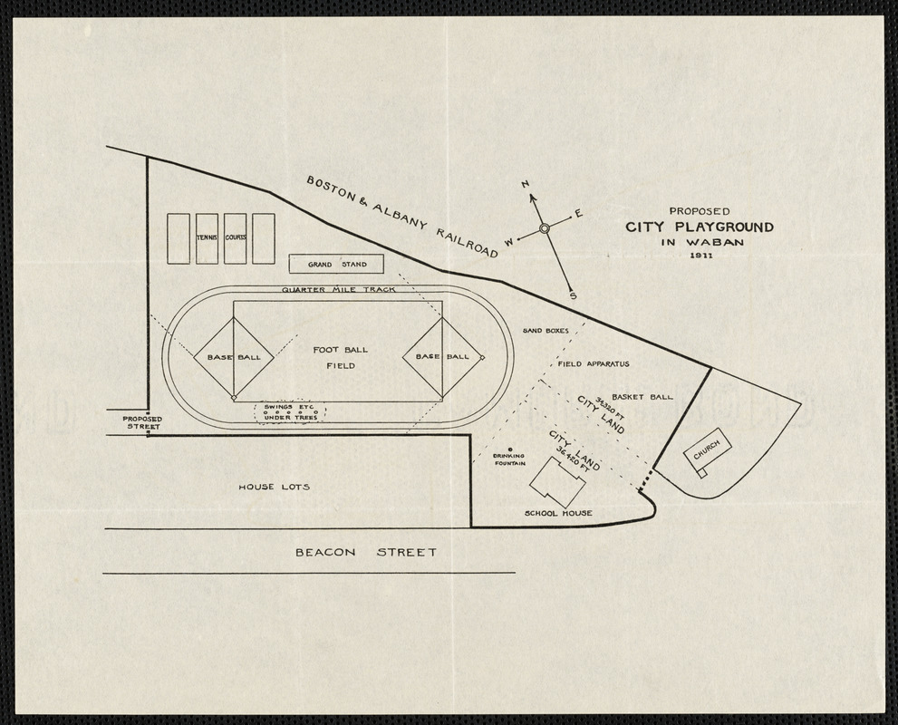 Diagram for proposed city playground in Waban, 1911, with details of activity areas