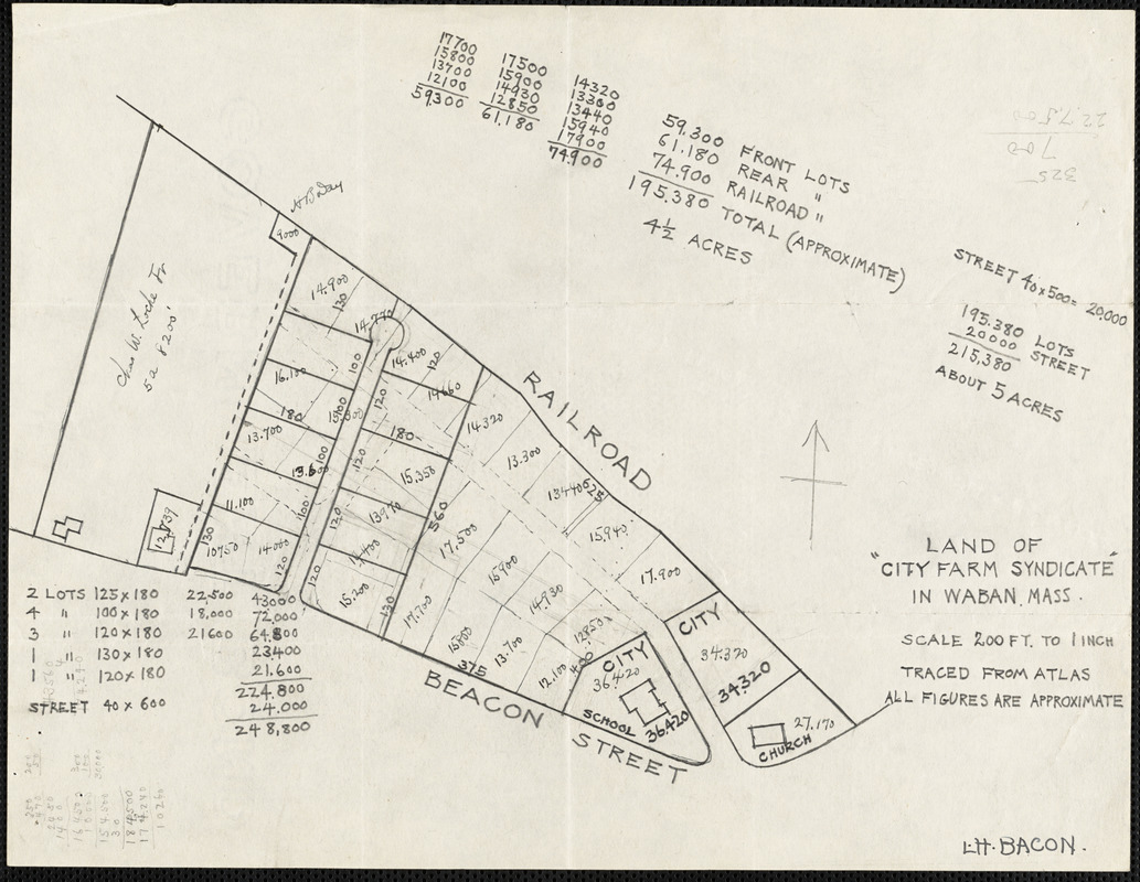 Land map of “City Farm Syndicate” in Waban, Mass traced from atlas