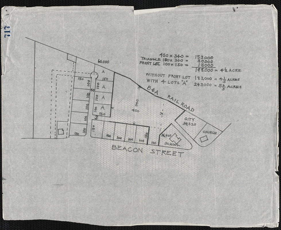 Land map of an area in Waban between Beacon Street and the B&A Railroad