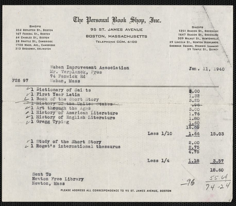 Personal Book Shop, Inc. purchase receipt listing books delivered to Newton Free Library