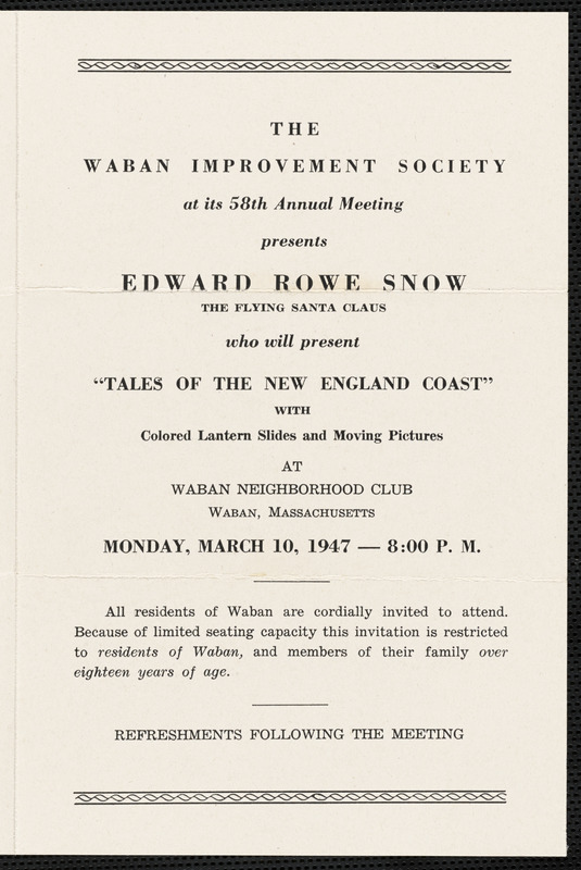 58th annual meeting presents talk by Edward Rowe Snow, the Flying Santa Claus